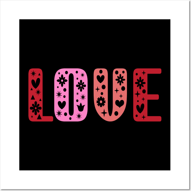 Retro Love Shirt - Folk Art Cottagecore Scandinavian Design Black Wall Art by PUFFYP